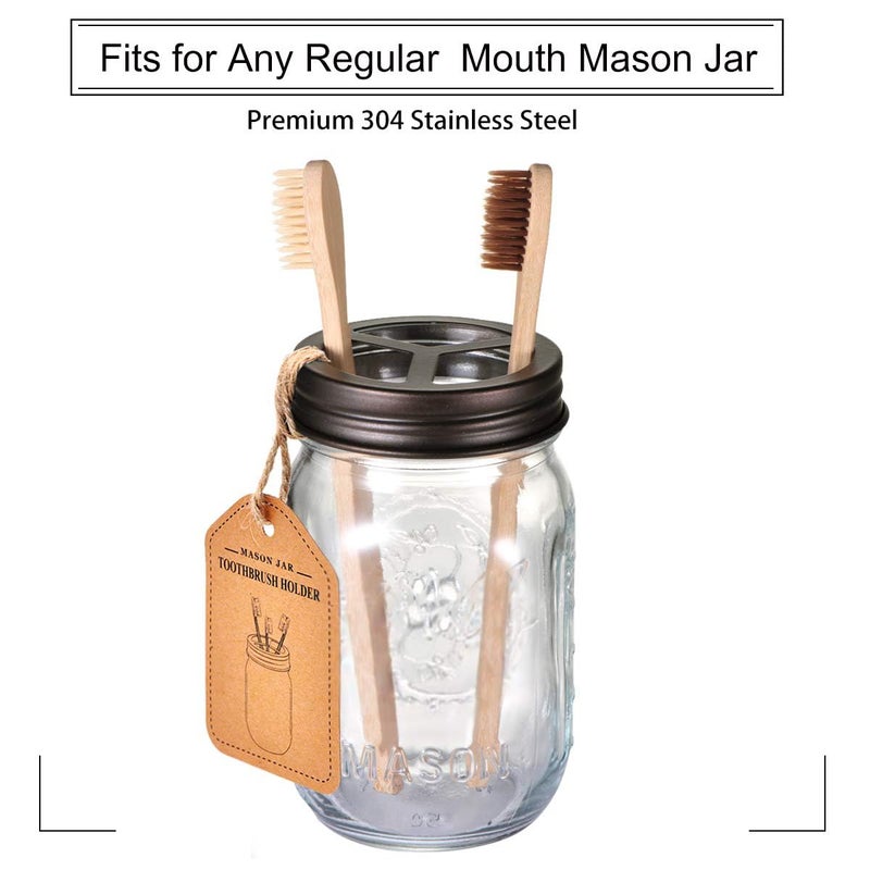 Komashr Mason Jar Toothbrush Holder â€“ Bronze â€“ with Genuine Glass 16 Ounce Mason Jar for Regular Mouth Mason Jar ï¼Œ Premium Rust-Proof 304 Stainless Steel - Rustic Farmhouse Decor Bathroom Accessories - Image 1